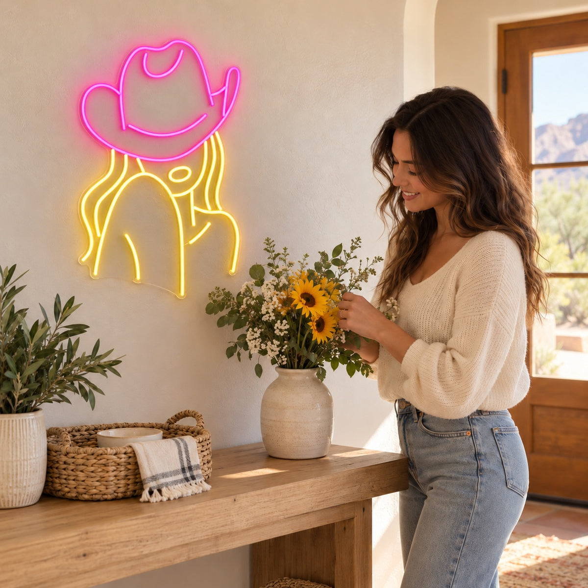 Cowgirl Portrait with Cowboy Hat LED Neon Sign - lifestyle view