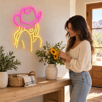 Cowgirl Portrait with Cowboy Hat LED Neon Sign - lifestyle view
