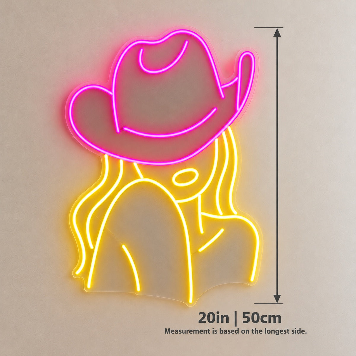 Cowgirl Portrait with Cowboy Hat LED Neon Sign - size guide