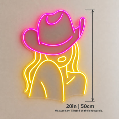 Cowgirl Portrait with Cowboy Hat LED Neon Sign - size guide