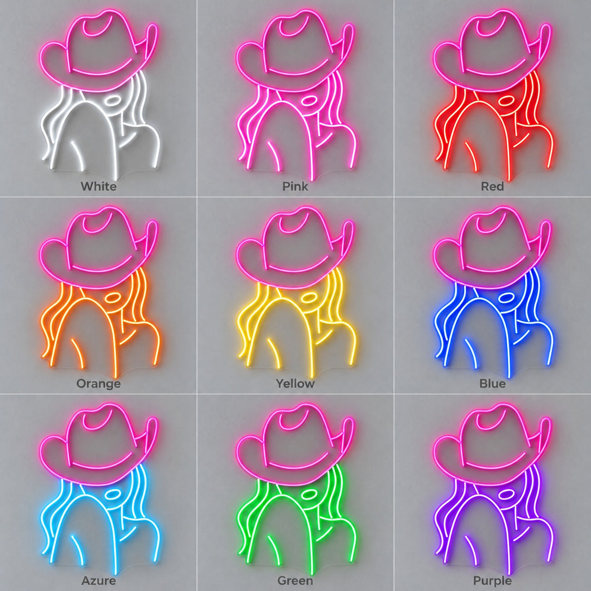Cowgirl Portrait with Cowboy Hat LED Neon Sign - nine-color grid