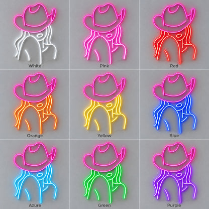 Cowgirl Portrait with Cowboy Hat LED Neon Sign - nine-color grid