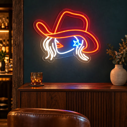 Cowgirl Profile with Star LED Neon Sign - advertising view