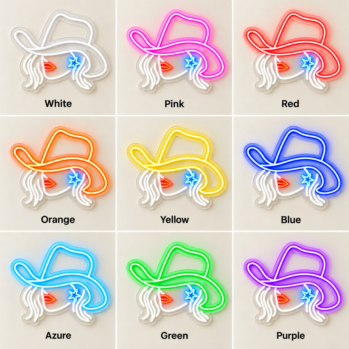 Cowgirl Profile with Star LED Neon Sign - nine-color grid