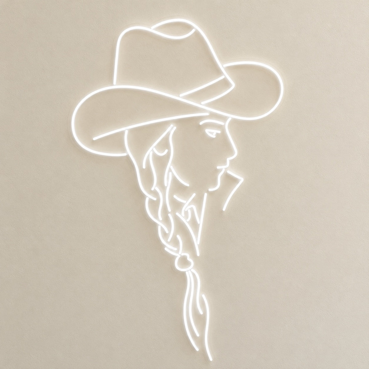 Cowgirl Profile with Braided Hair LED Neon Sign - natural light view