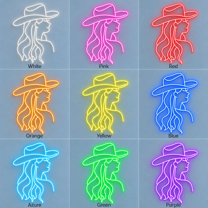 Cowgirl Profile with Long Wavy Hair LED Neon Sign - nine-color grid