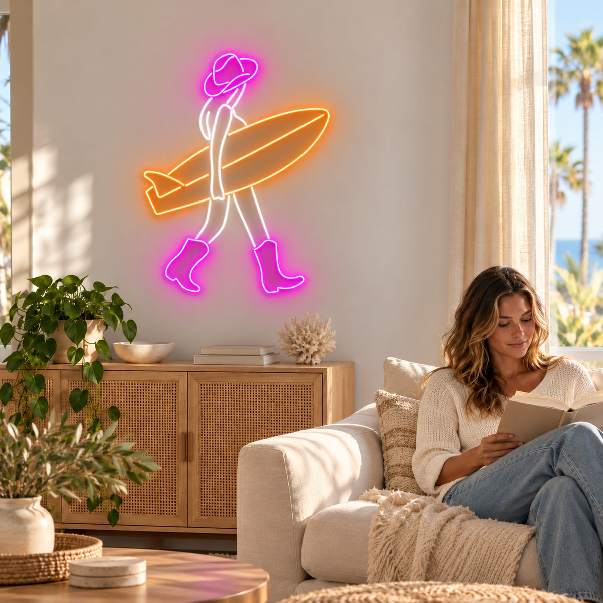 Cowgirl with Surfboard LED Neon Sign - lifestyle view