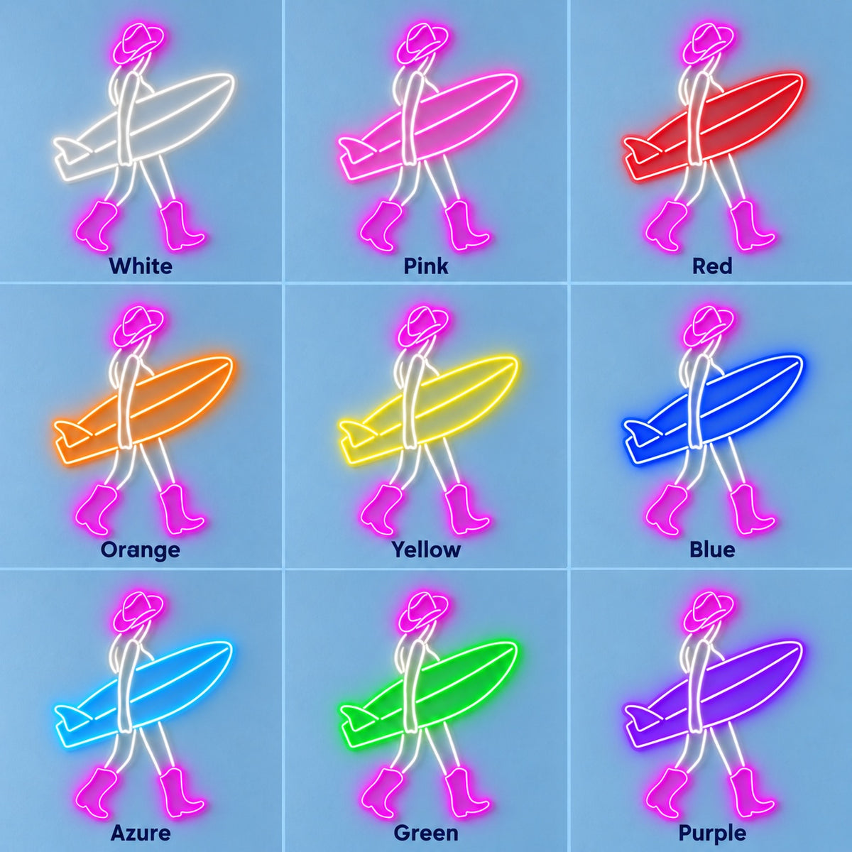 Cowgirl with Surfboard LED Neon Sign - nine-color grid