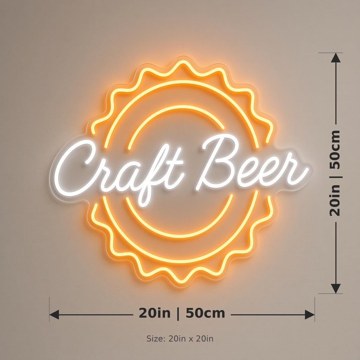 Craft Beer Bottle Cap with Remote Dimmer for Man Cave Bar LED Neon Sign - size guide