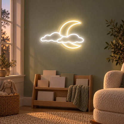 Crescent Moon With Two Clouds LED Neon Sign - advertising view