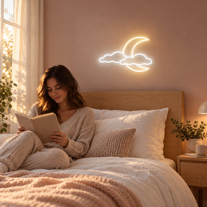 Crescent Moon With Two Clouds LED Neon Sign - lifestyle view