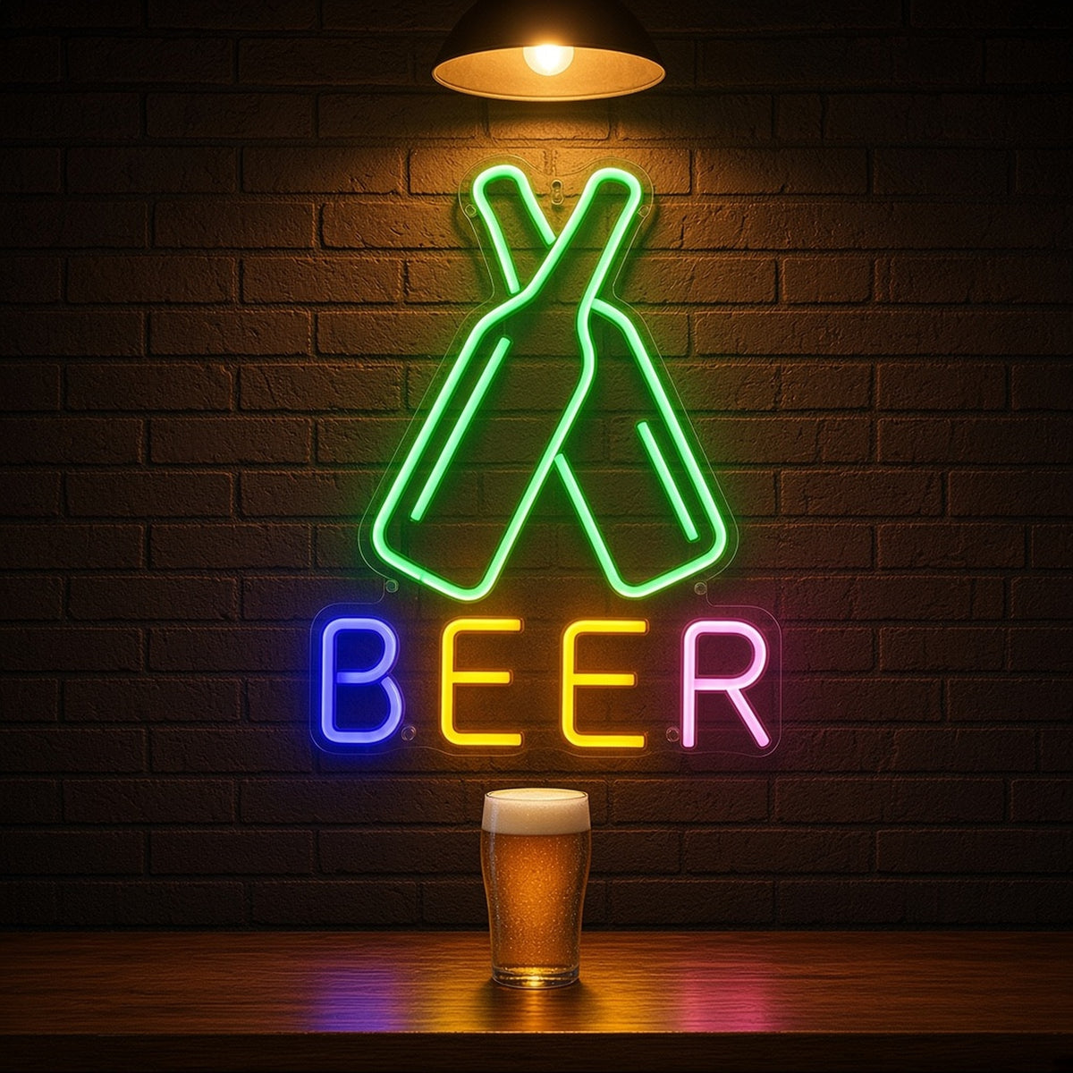 Crossed Beer Bottles Multicolor BEER Letters Wall Mount for Bar LED Neon Sign - advertising view