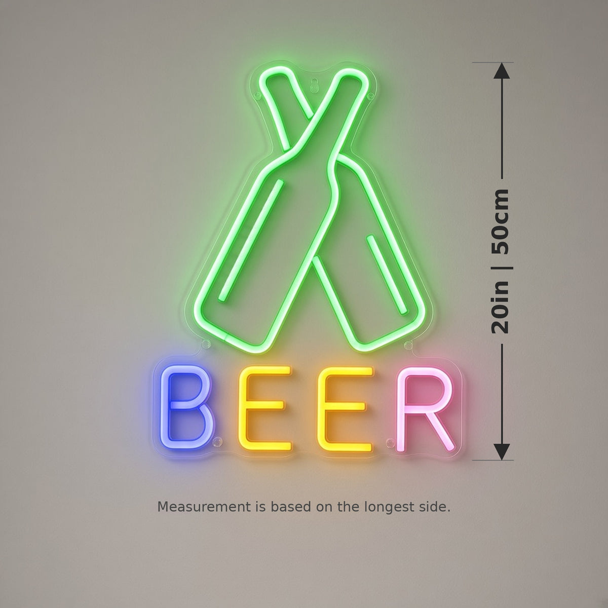 Crossed Beer Bottles Multicolor BEER Letters Wall Mount for Bar LED Neon Sign - size guide