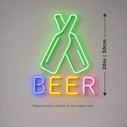 Crossed Beer Bottles Multicolor BEER Letters Wall Mount for Bar LED Neon Sign - size guide