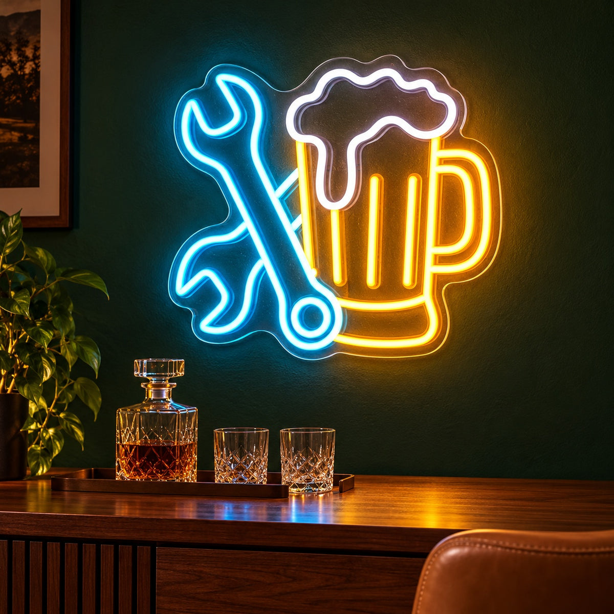Crossed Wrenches Beer Mug LED Neon Sign - advertising view