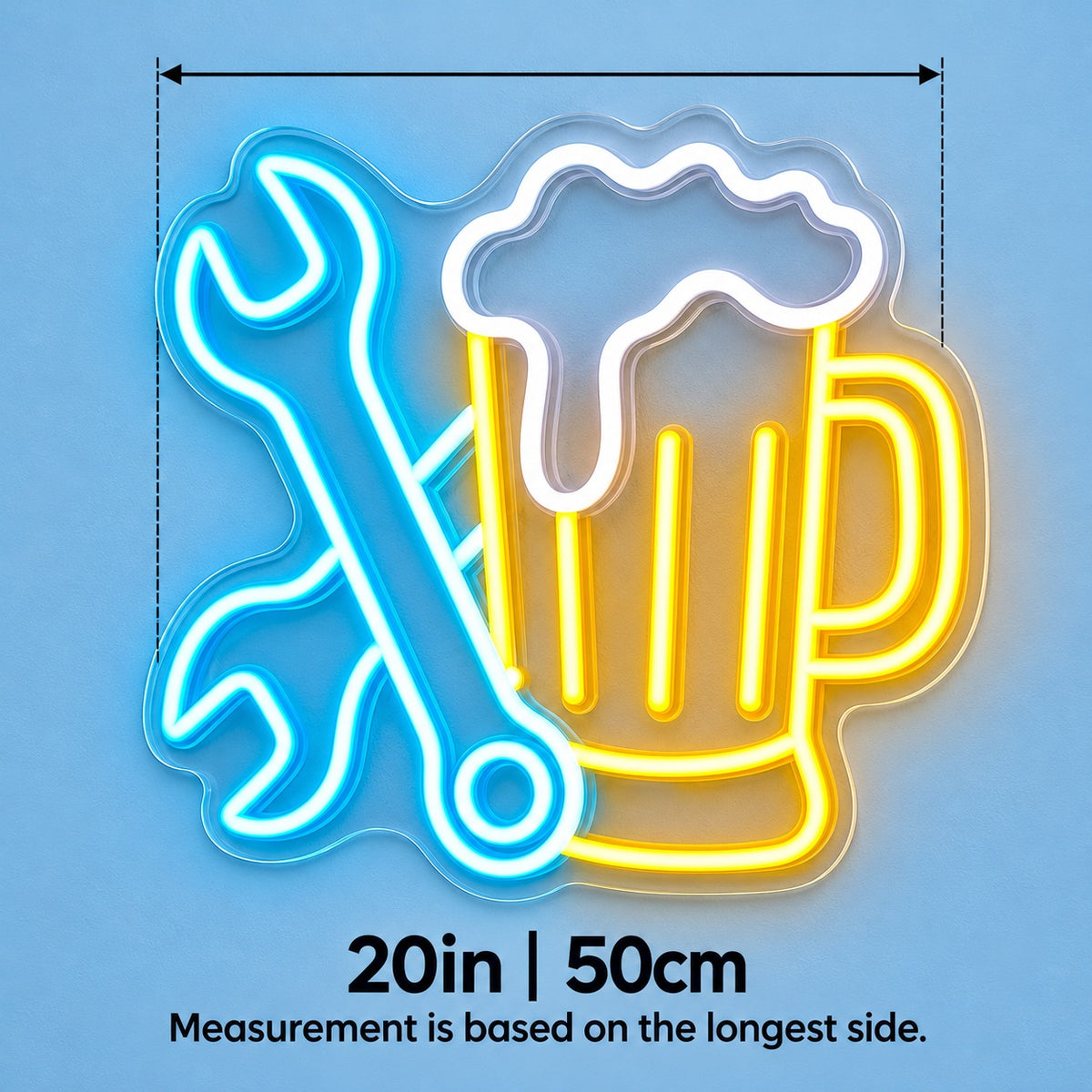 Crossed Wrenches Beer Mug LED Neon Sign - size guide
