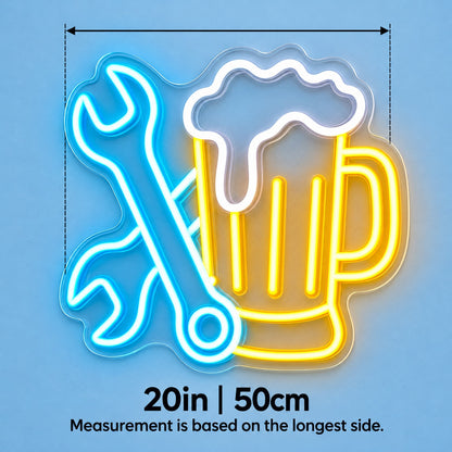 Crossed Wrenches Beer Mug LED Neon Sign - size guide
