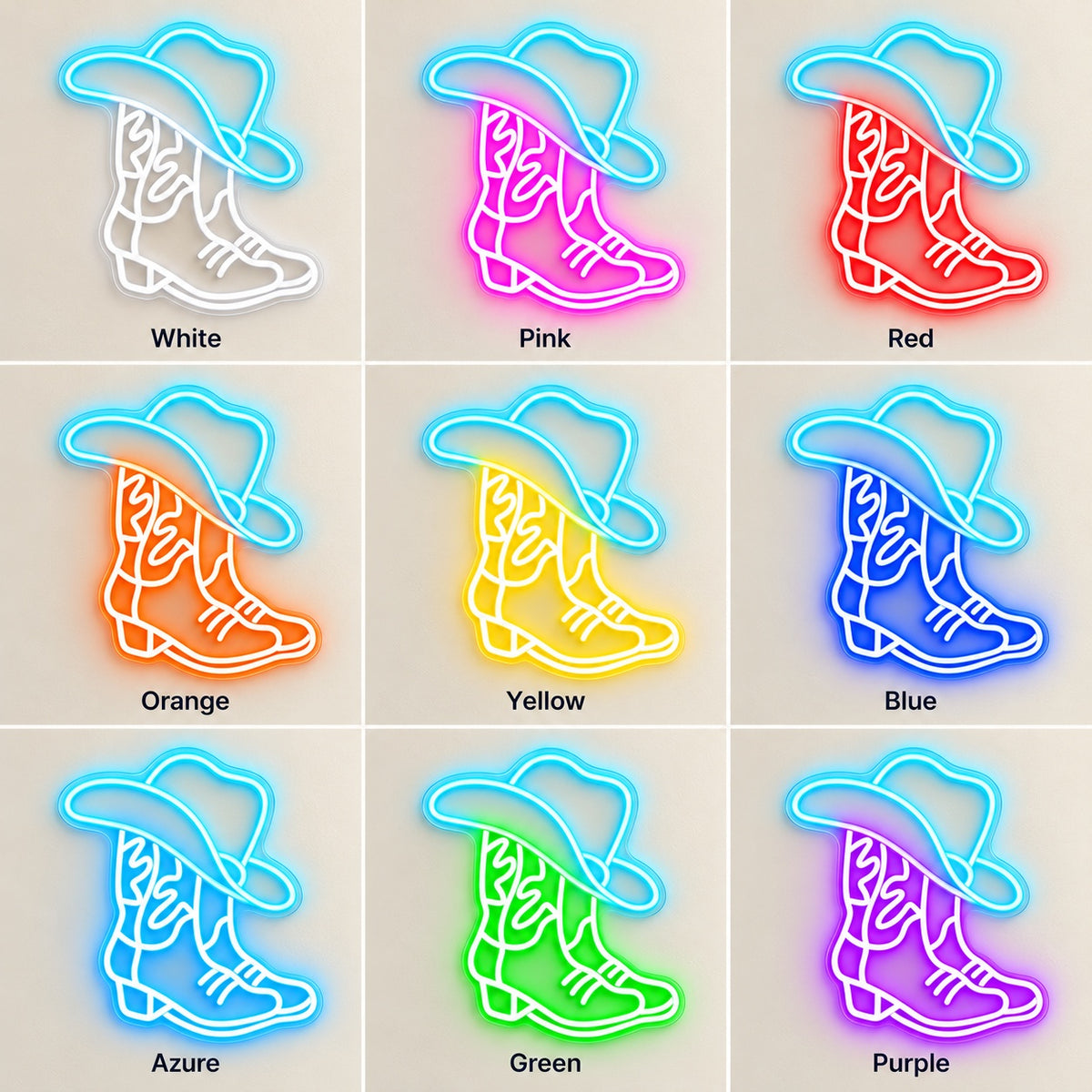 Cowboy Hat Boots LED Neon Sign - nine-color grid
