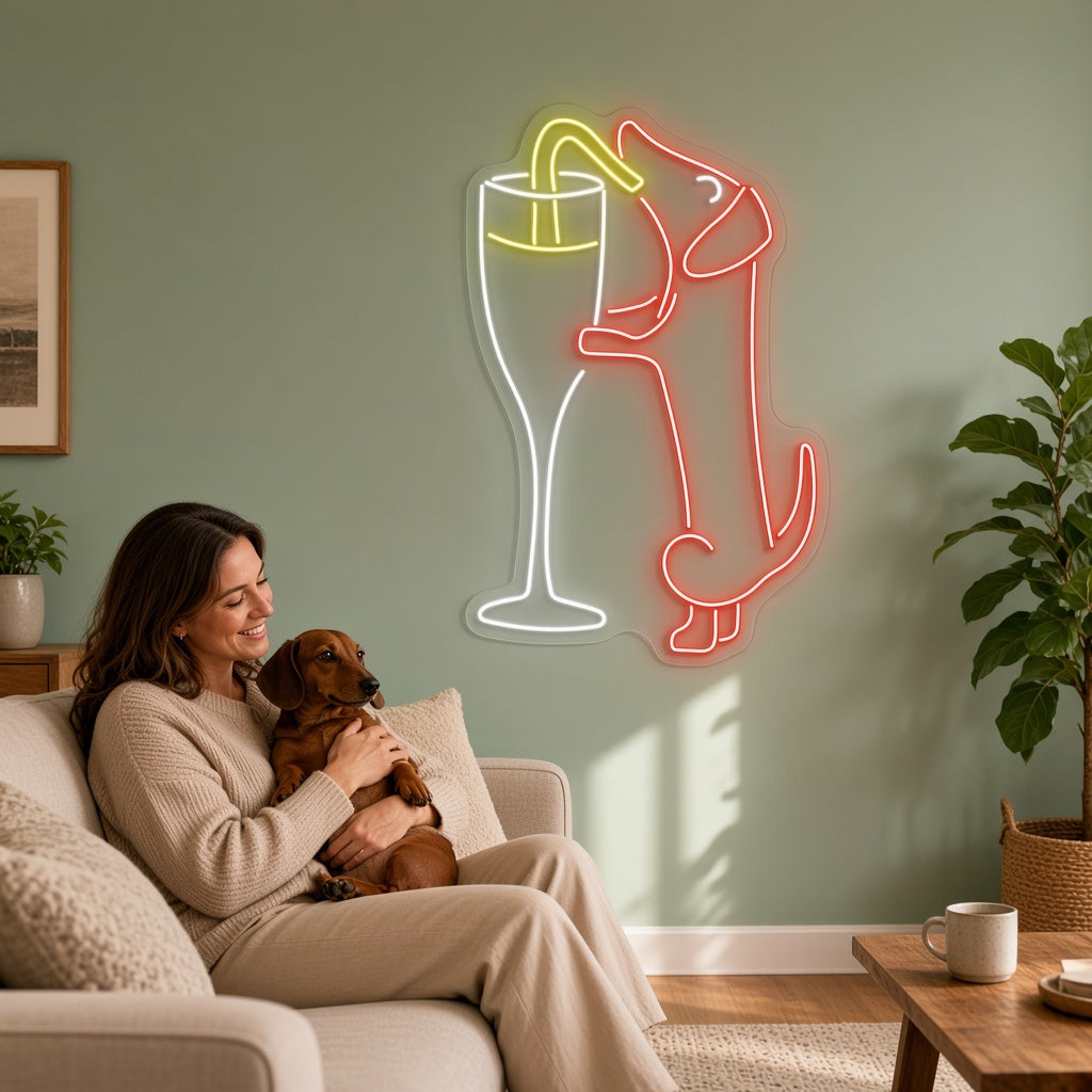 Dachshund with Champagne Glass LED Neon Sign - lifestyle view