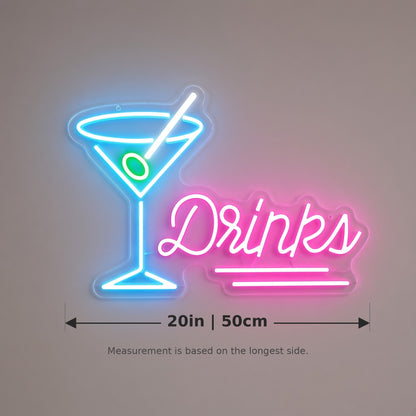 Drinks Martini Glass Olive for Home Bar LED Neon Sign - size guide