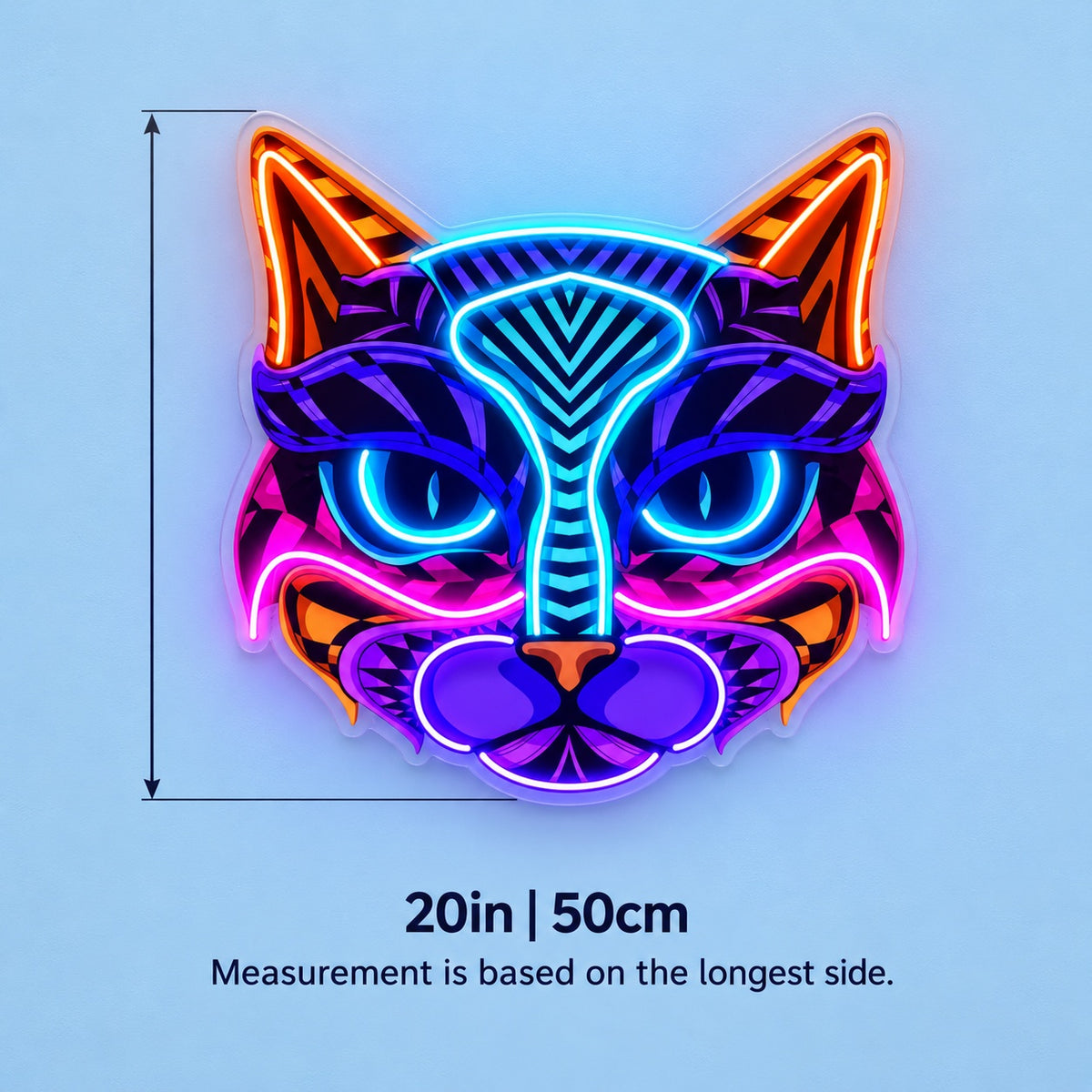 Geometric Cat Face LED Neon Sign - size guide