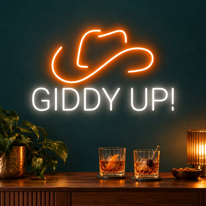 Giddy Up! Cowboy Hat LED Neon Sign - advertising view