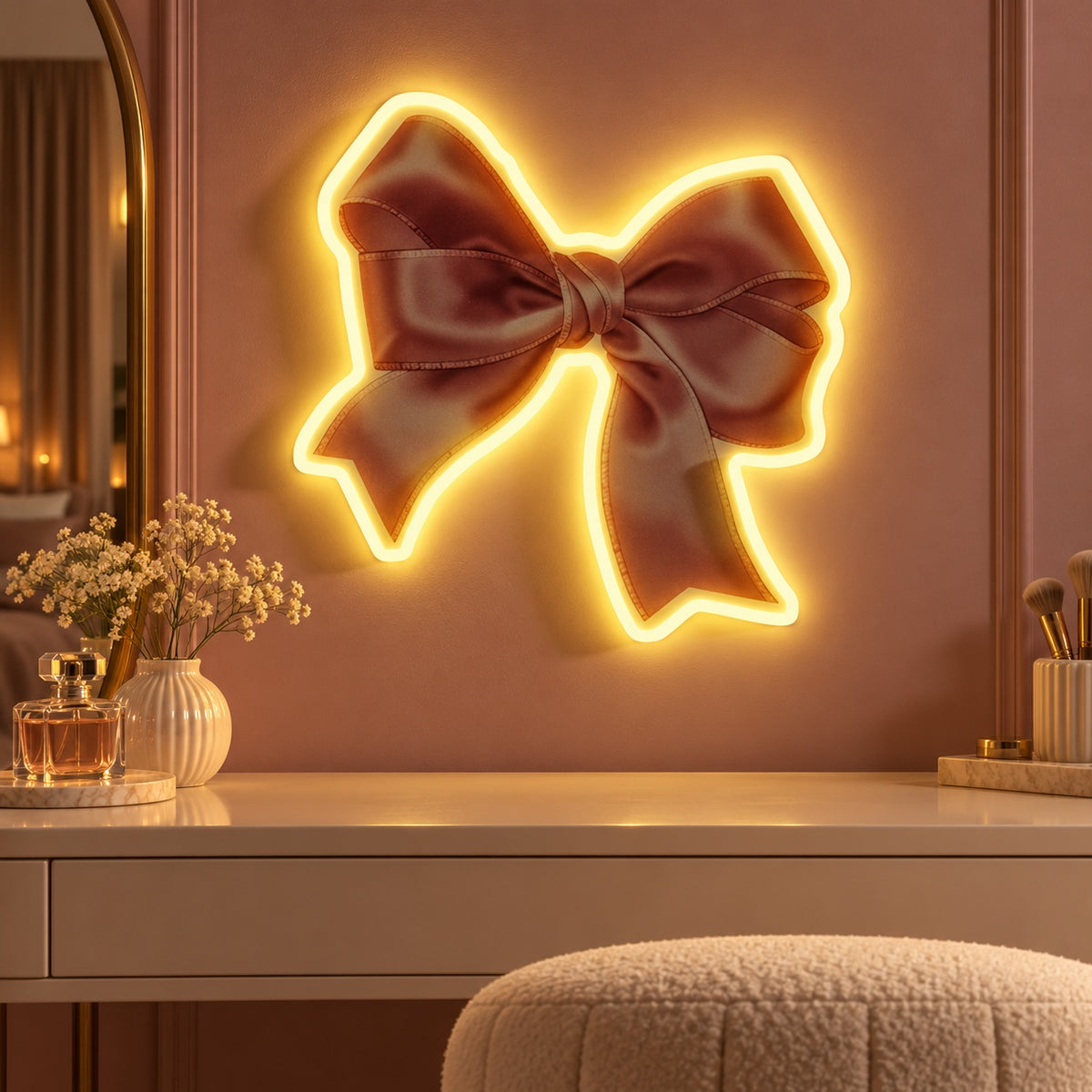 Golden Satin Bow LED Neon Sign - advertising view