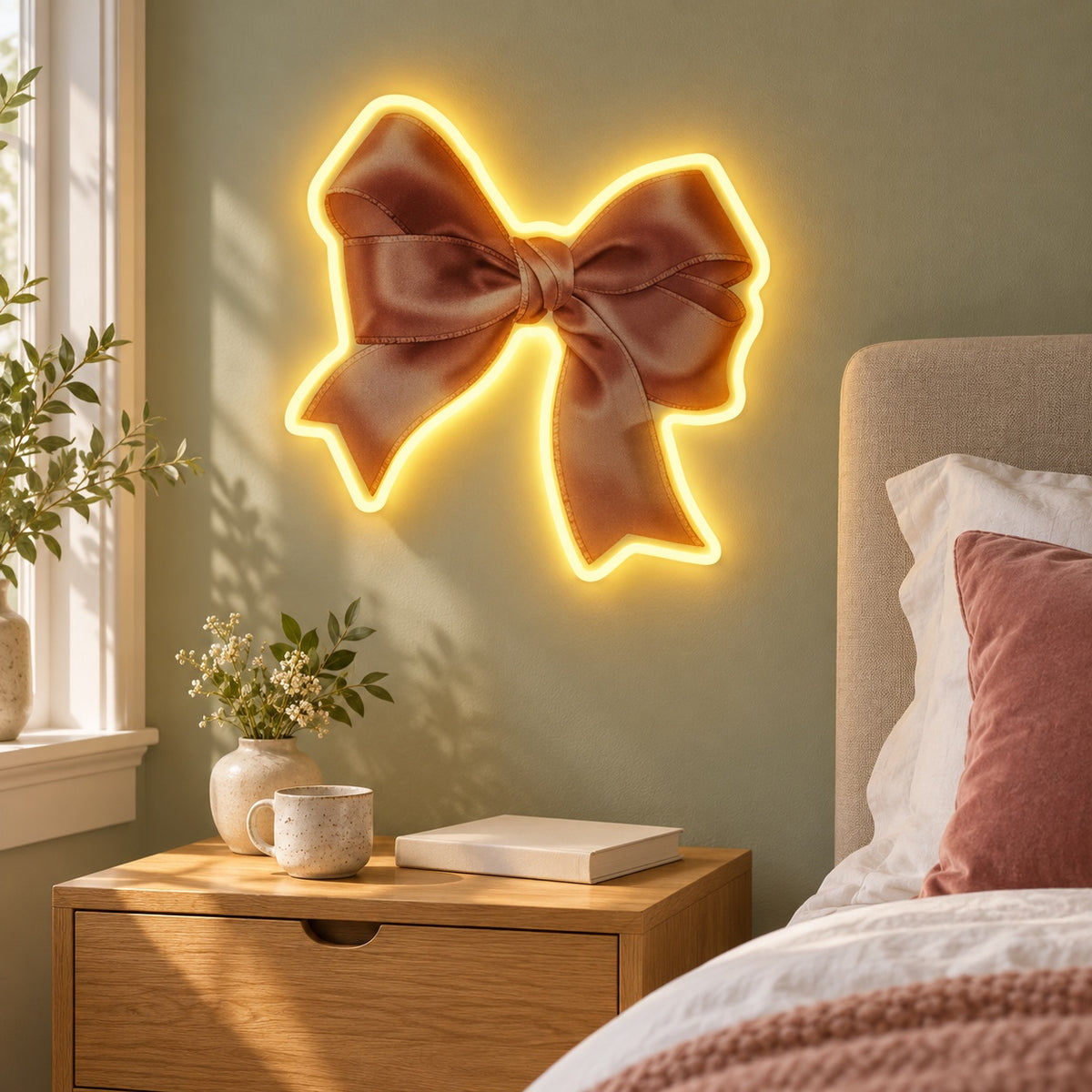 Golden Satin Bow LED Neon Sign - lifestyle view