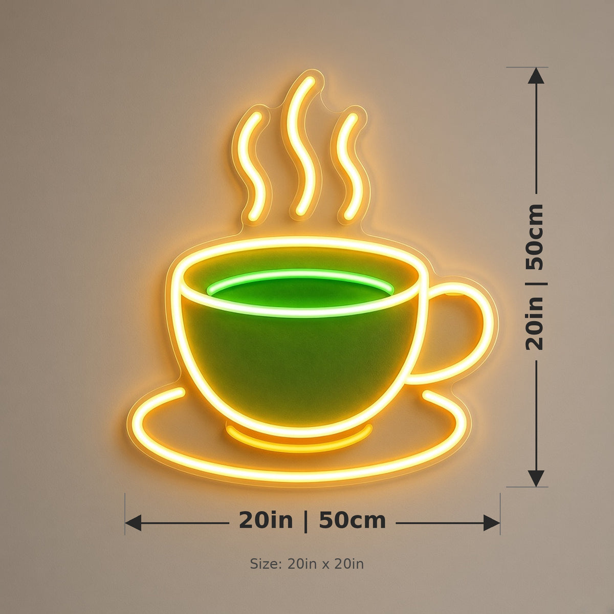 Tea Cup Steaming Matcha Cup for Tea Shop Cafe Wall LED Neon Sign - size guide