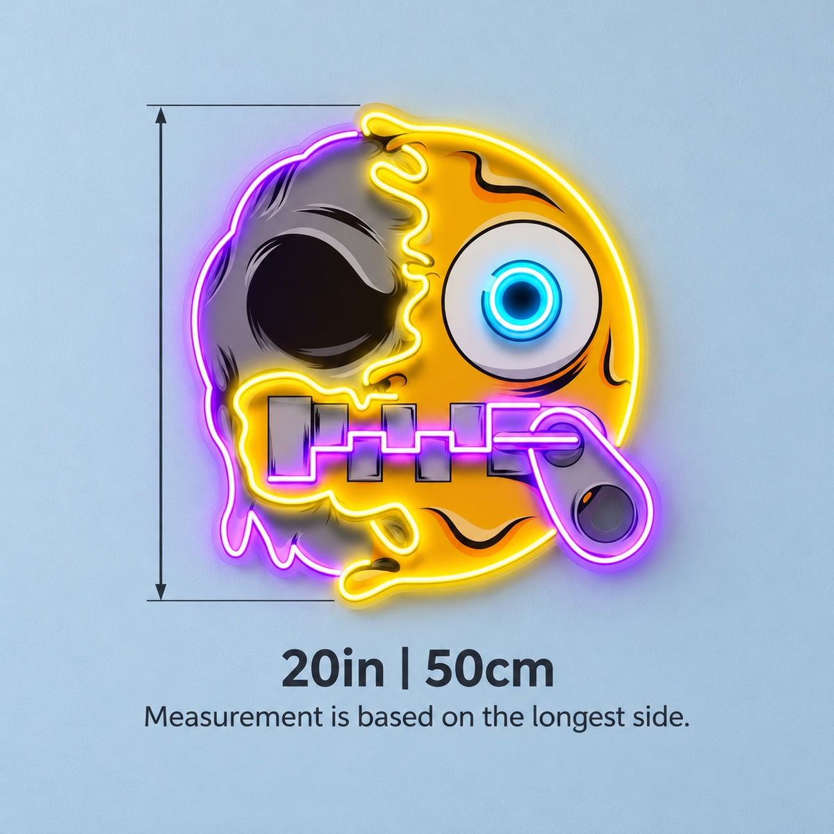 Half Skull Zipper Face LED Neon Sign - size guide