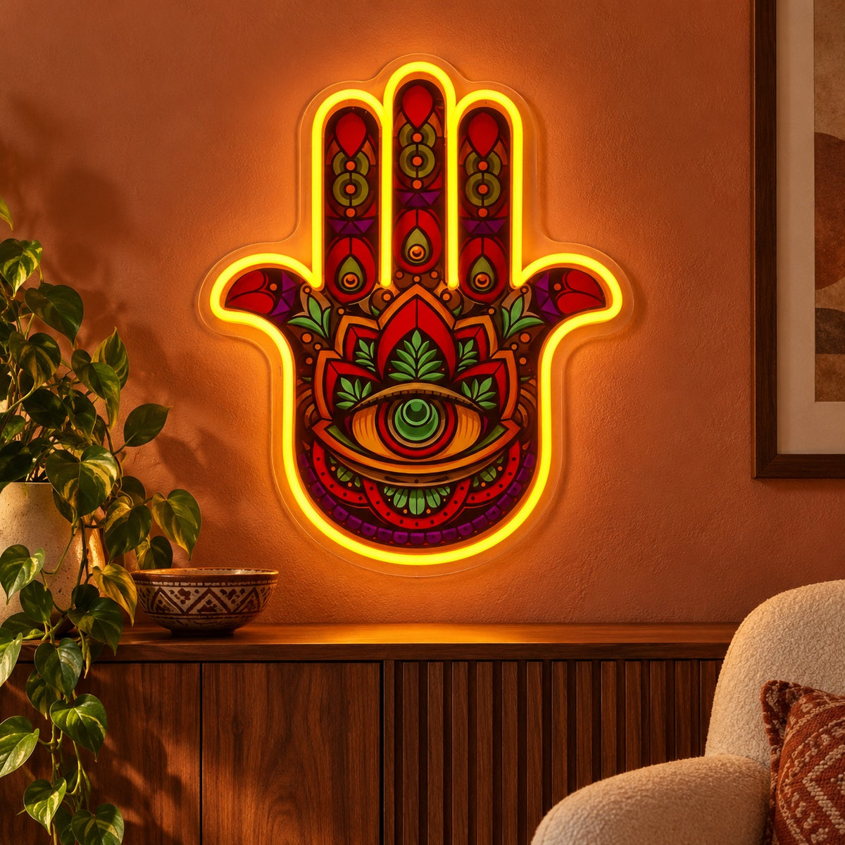 Hamsa Floral Eye LED Neon Sign - advertising view