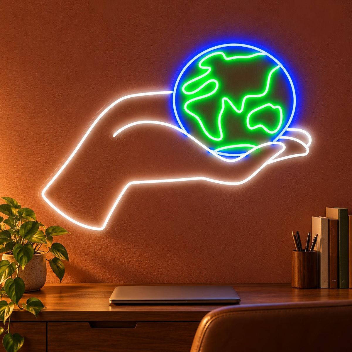Hand Holding Earth LED Neon Sign - advertising view