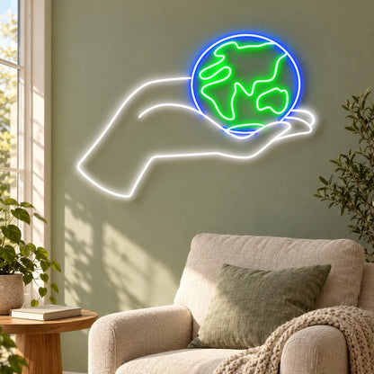 Hand Holding Earth LED Neon Sign - lifestyle view