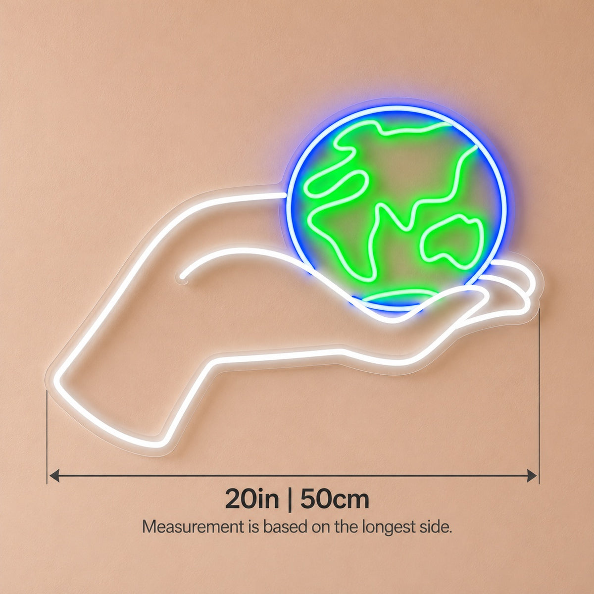 Hand Holding Earth LED Neon Sign - size guide