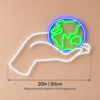 Hand Holding Earth LED Neon Sign - size guide