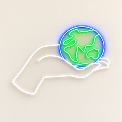 Hand Holding Earth LED Neon Sign - natural light view