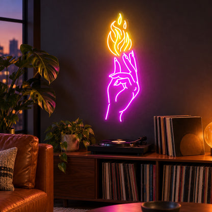 Hand Holding Flame LED Neon Sign - advertising view