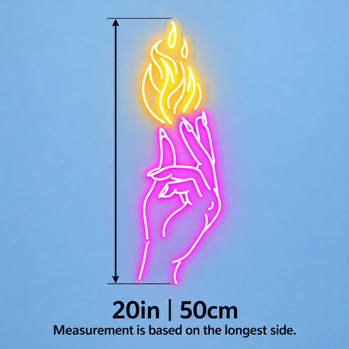 Hand Holding Flame LED Neon Sign - size guide