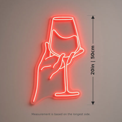 Hand Holding Wine Glass Line Art for Wine Bar Kitchen Decor LED Neon Sign - size guide