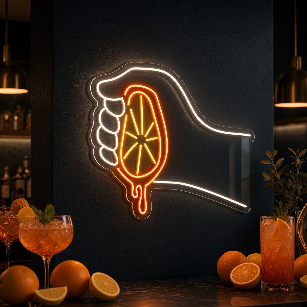 Hand Squeezing Citrus LED Neon Sign - advertising view