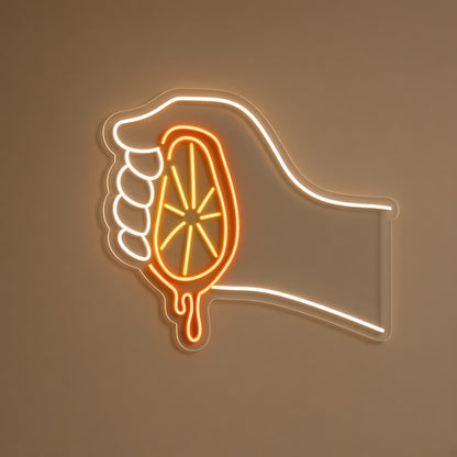 Hand Squeezing Citrus LED Neon Sign - natural light view