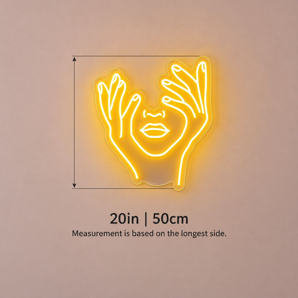 Hands Framing Face LED Neon Sign - size guide