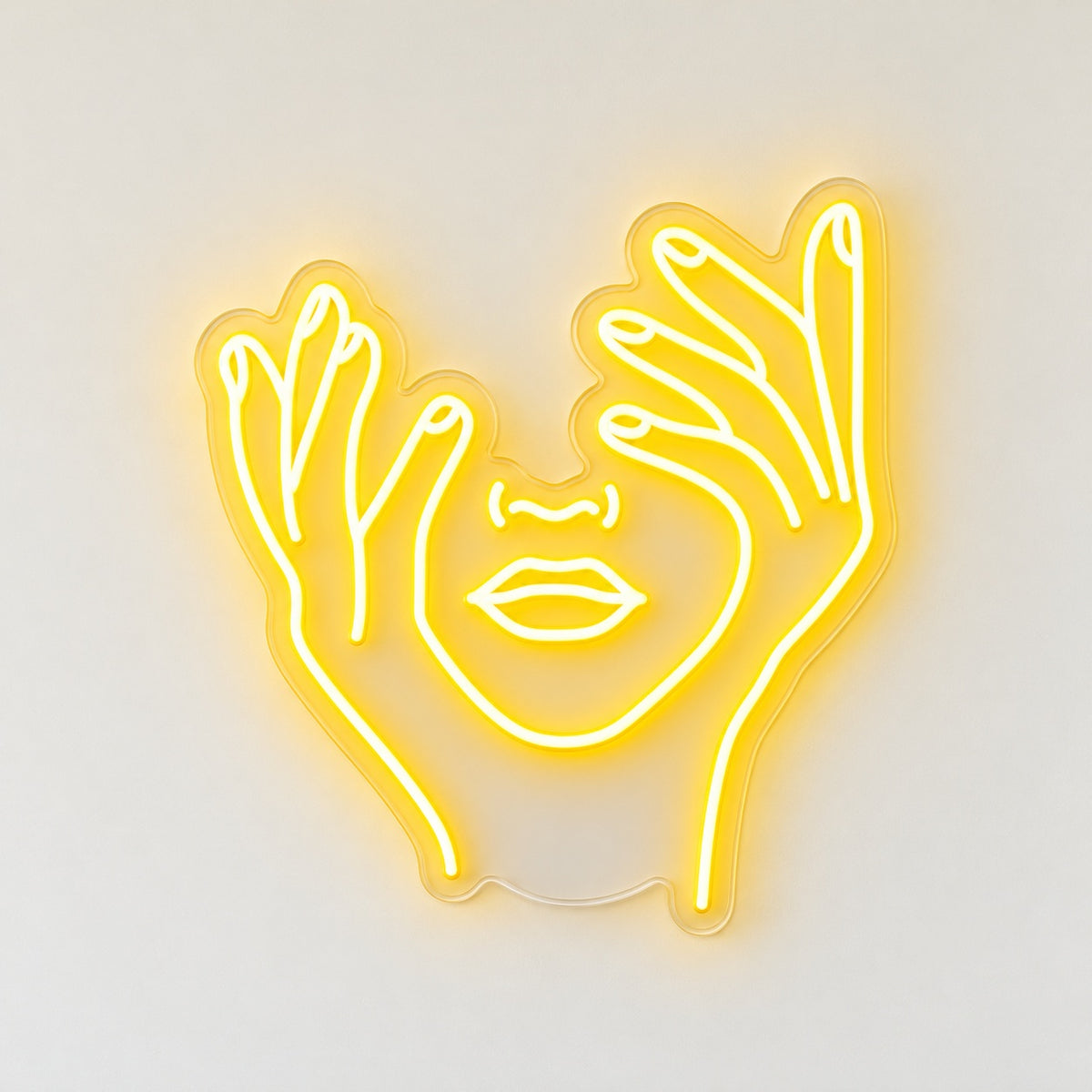 Hands Framing Face LED Neon Sign - natural light view