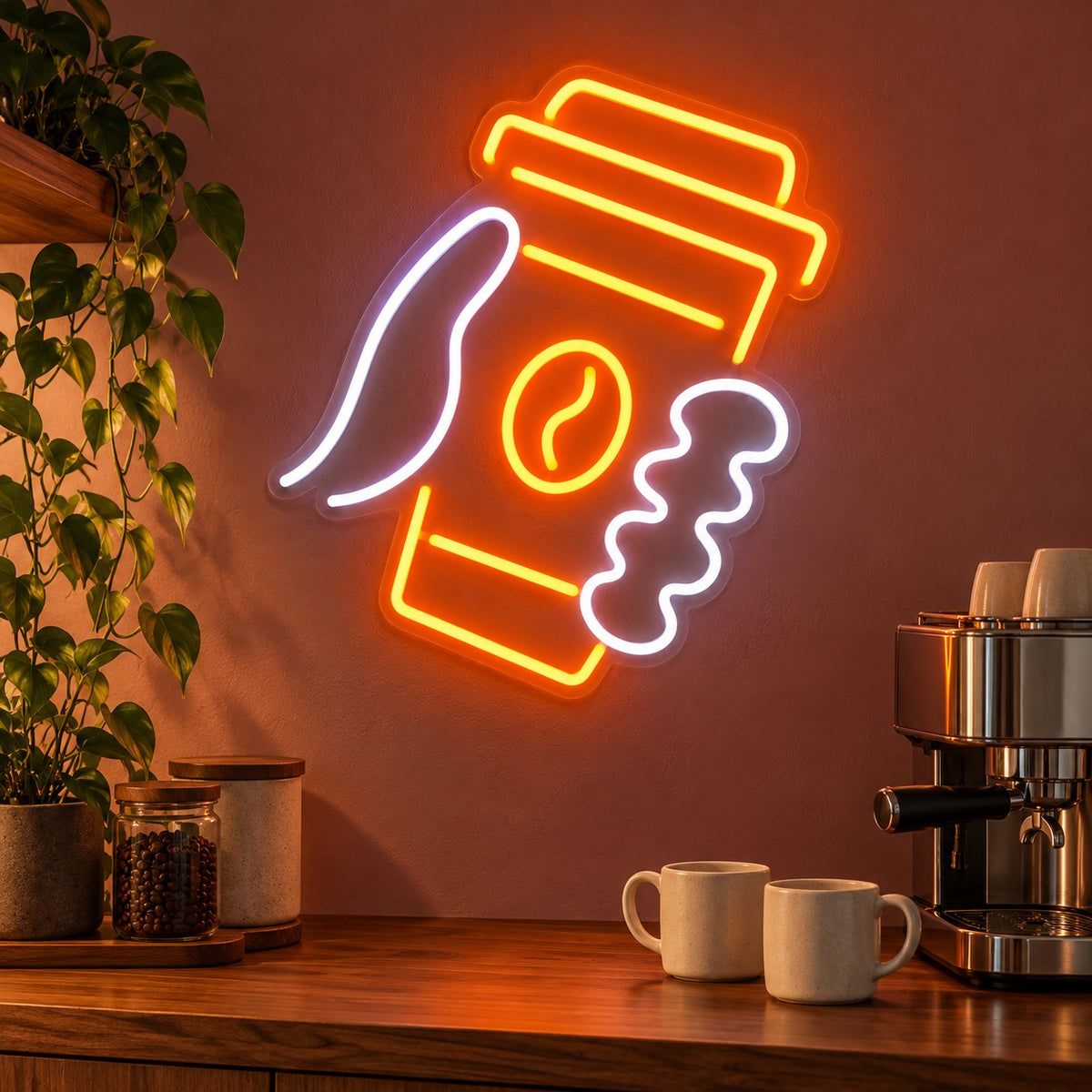 Hands Holding Coffee Cup LED Neon Sign - advertising view