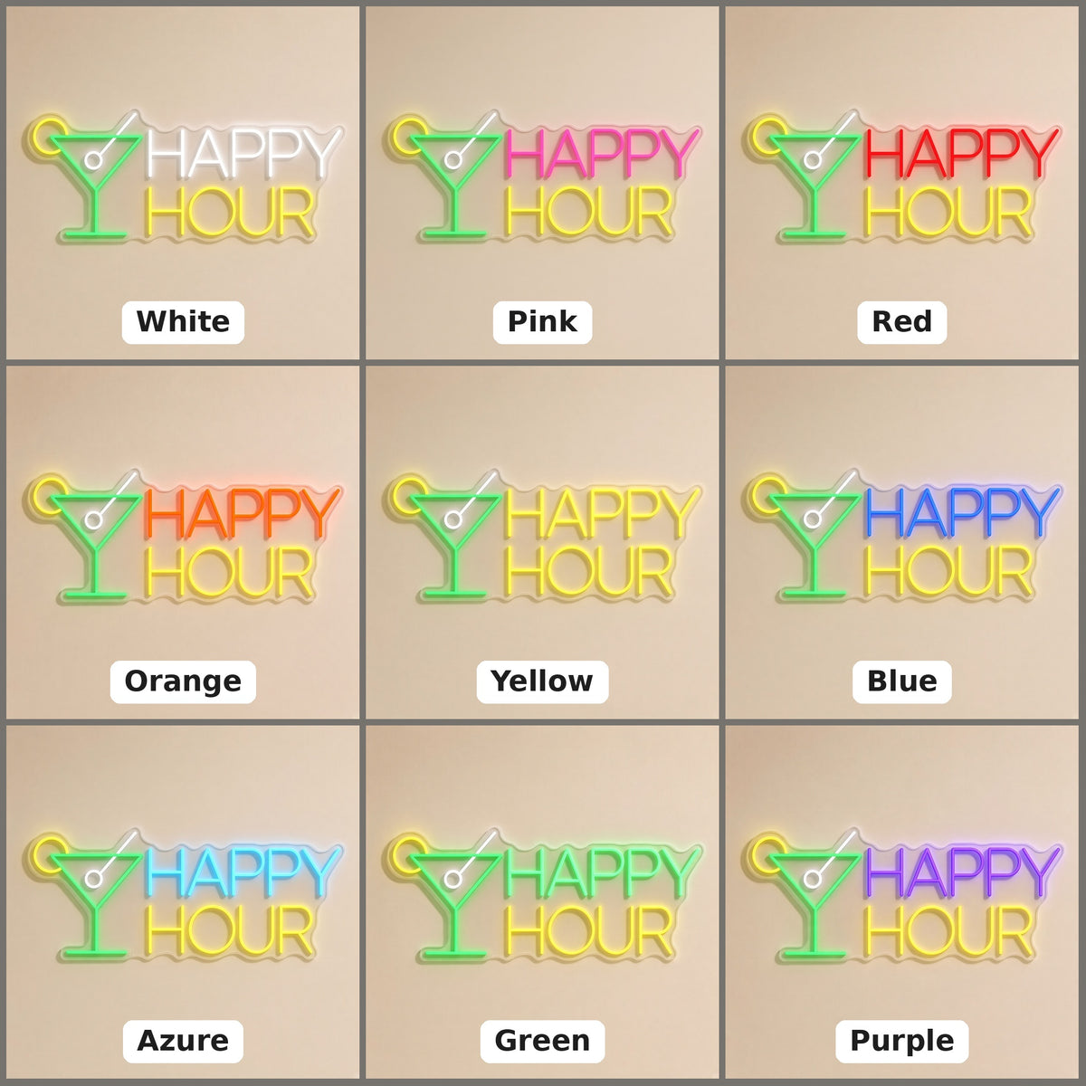 Happy Hour Martini Glass HAPPY HOUR Light for Home Bar LED Neon Sign - nine-color grid