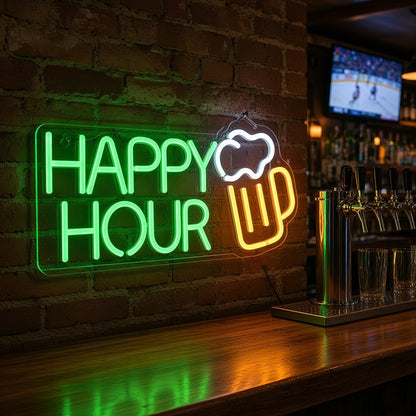 Happy Hour Beer Bar Decor LED Neon Sign - advertising view