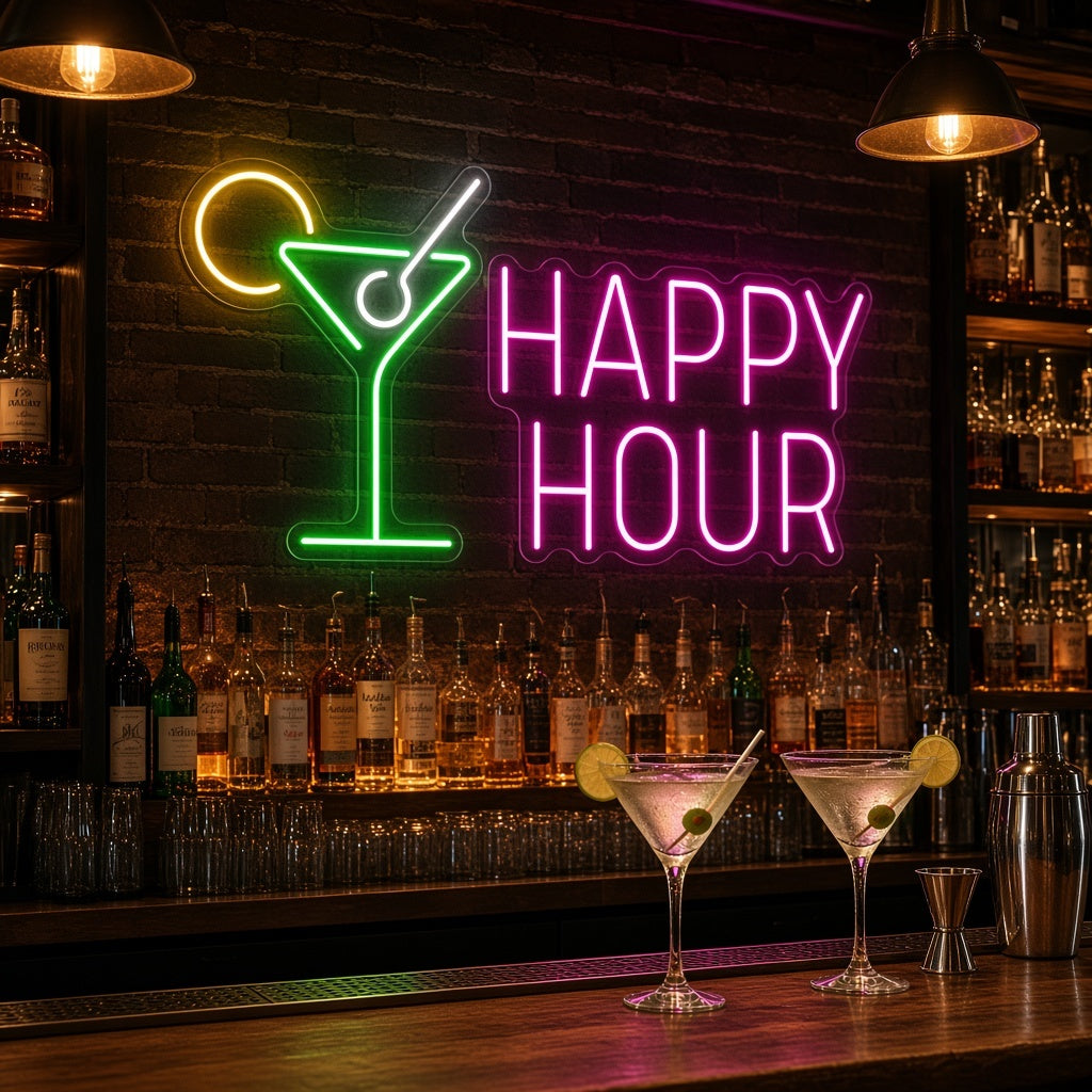Happy Hour Cocktail Bar Decor LED Neon Sign - advertising view