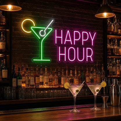 Happy Hour Cocktail Bar Decor LED Neon Sign - advertising view