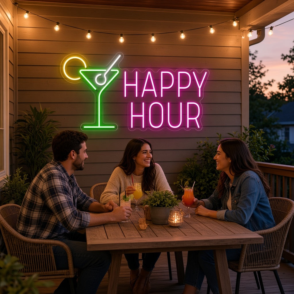 Happy Hour Cocktail Bar Decor LED Neon Sign - lifestyle view