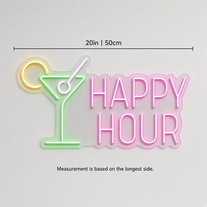 Happy Hour Cocktail Bar Decor LED Neon Sign - size guide